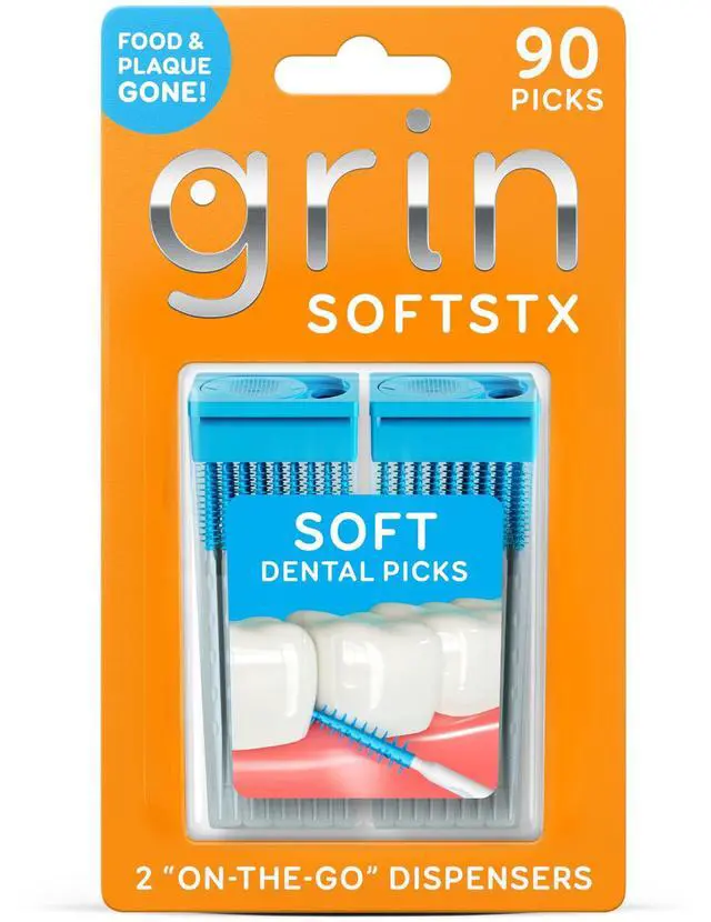 Main image of GRIN Softstx, Gentle Dental Picks, 90 Count, Soft Flexible Bristles, Textured Plaque Removing Toothpick, Minty Flavor, for Between Teeth, Refillable Hygienic Case, for Braces, Bridges, and Implants