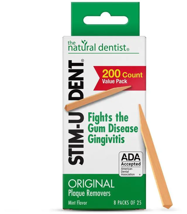 Main image of The Natural Dentist Stim-U-Dent Mint Dental Picks, Wooden Toothpicks for Food & Plaque Removal, Refreshing Mint Flavor, Travel-Friendly, 8 Packs of 25 (200 Picks)