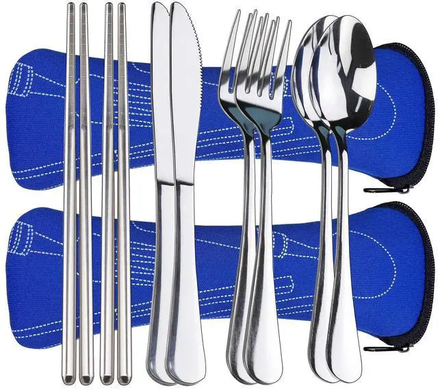 Main image of 10PCS Portable Silverware Set with Case, Lengnoyp Travel Camping Utensils Set, Premium Stainless Steel Travel Cutlery Set, Reusable Safe Flatware Sets for Lunch Box/Workplace/Students, Silver