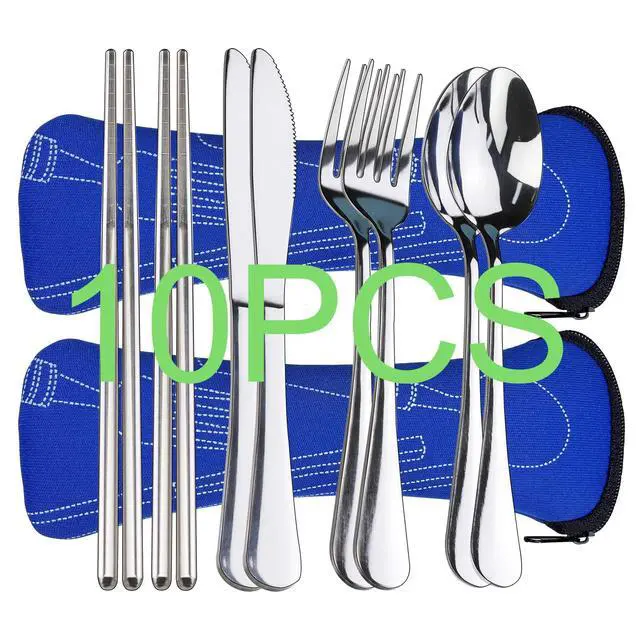 Alt view image 2 of 6 - 10PCS Portable Silverware Set with Case, Lengnoyp Travel Camping Utensils Set, Premium Stainless Steel Travel Cutlery Set, Reusable Safe Flatware Sets for Lunch Box/Workplace/Students, Silver
