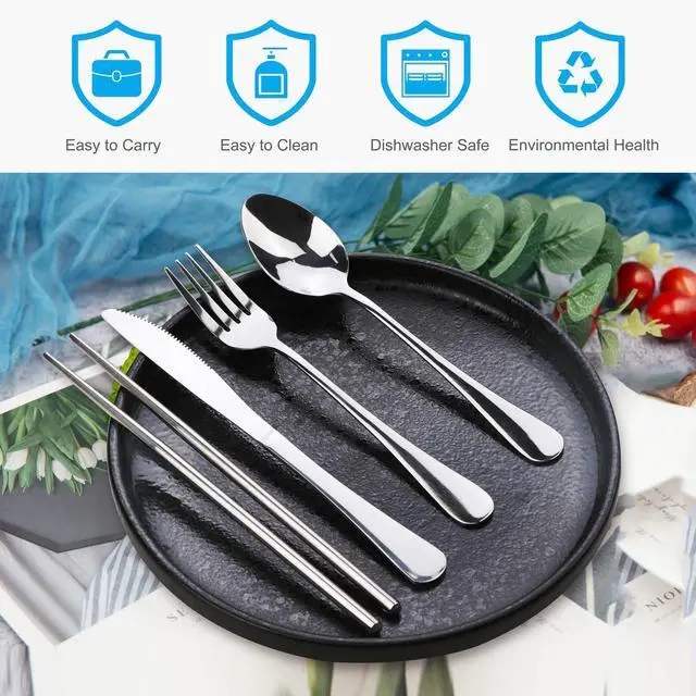 Alt view image 3 of 6 - 10PCS Portable Silverware Set with Case, Lengnoyp Travel Camping Utensils Set, Premium Stainless Steel Travel Cutlery Set, Reusable Safe Flatware Sets for Lunch Box/Workplace/Students, Silver