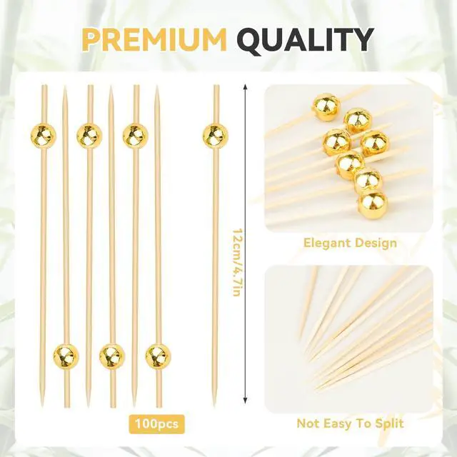 Alt view image 2 of 7 - 100PCS Cocktail Picks, Fancy Toothpicks for Appetizers, Decorative Skewers for Appetizers Drinks Party Fruit, 4.7 Inch Long Wooden Bamboo Gold Ball Food Sticks Charcuterie Boards Accessories