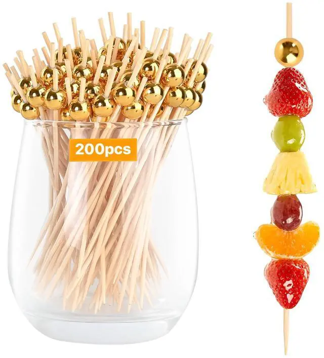 Main image of 200 PCSGold Pearl Bamboo Cocktail Picks, Fancy Toothpicks for Appetizers, Decorative Skewers for Charcuterie Boards, Drink & Fruit Sticks, Sandwich Picks, Bar Garnish, Wedding Party Food. 4.7 Inch