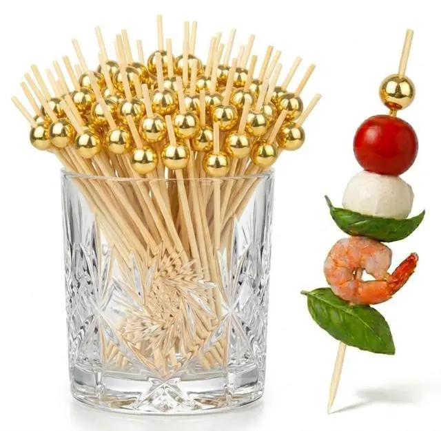 Main image of 100 Pcs Gold Cocktail Picks for Appetizers, 4.7" Decorative Bamboo Skewers, Fancy Gold Bead Toothpicks for Drinks, Martini, Charcuterie Board, Luxury Party Supplies for Wedding, Birthday & Holiday