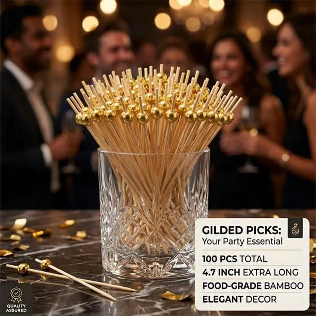 Alt view image 5 of 7 - 100 Pcs Gold Cocktail Picks for Appetizers, 4.7" Decorative Bamboo Skewers, Fancy Gold Bead Toothpicks for Drinks, Martini, Charcuterie Board, Luxury Party Supplies for Wedding, Birthday & Holiday