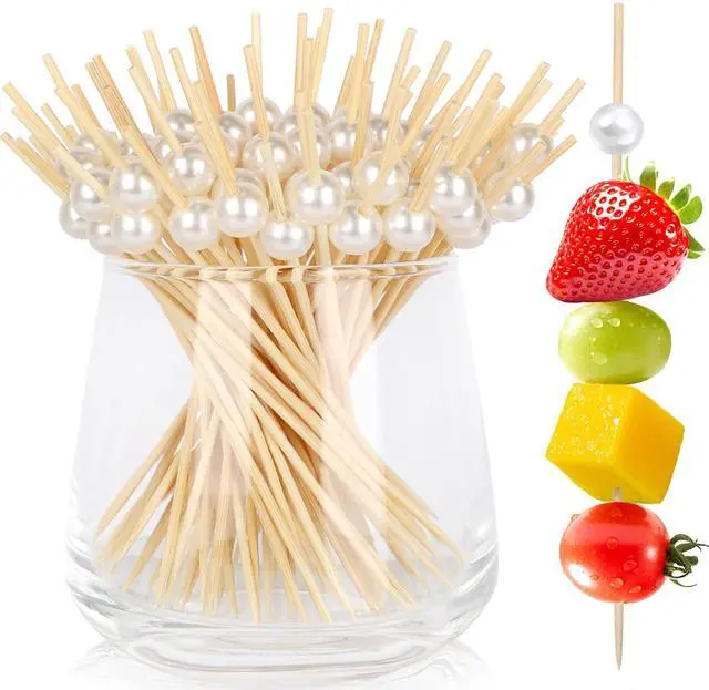 Main image of 200 Cocktail Picks, White Pearl Fancy Toothpicks for Appetizers Drinks Fruit Food, 4.7 IN Long Bamboo Skewers Wood Cocktail Sticks for Wedding Bridal Shower Party Decor Charcuterie Boards Accessories