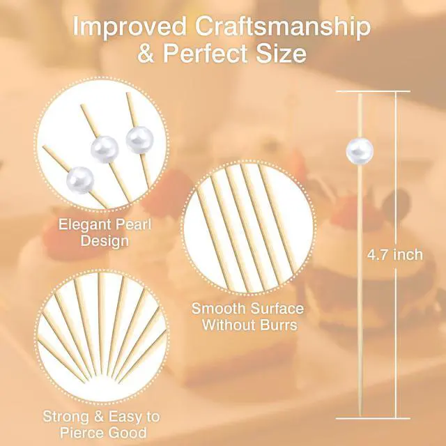 Alt view image 3 of 7 - 200 Cocktail Picks, White Pearl Fancy Toothpicks for Appetizers Drinks Fruit Food, 4.7 IN Long Bamboo Skewers Wood Cocktail Sticks for Wedding Bridal Shower Party Decor Charcuterie Boards Accessories