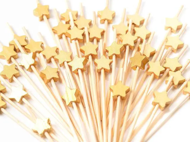 Main image of Cocktail Picks 100 Counts Handmade Sticks Wooden Toothpicks Cocktail Sticks Party Supplies - Matt Gold Star