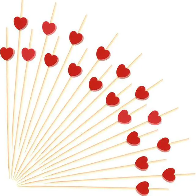 Main image of 100pcs Red Heart Cocktail Picks 4.7" Long Fruit Sticks Food Toothpicks Sandwich Appetizer Charcuterie Skewers, Handmade of Bamboo Wood, for Birthday, Wedding, Valentines Day Decoration Party Supplies