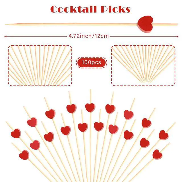 Alt view image 2 of 7 - 100pcs Red Heart Cocktail Picks 4.7" Long Fruit Sticks Food Toothpicks Sandwich Appetizer Charcuterie Skewers, Handmade of Bamboo Wood, for Birthday, Wedding, Valentines Day Decoration Party Supplies