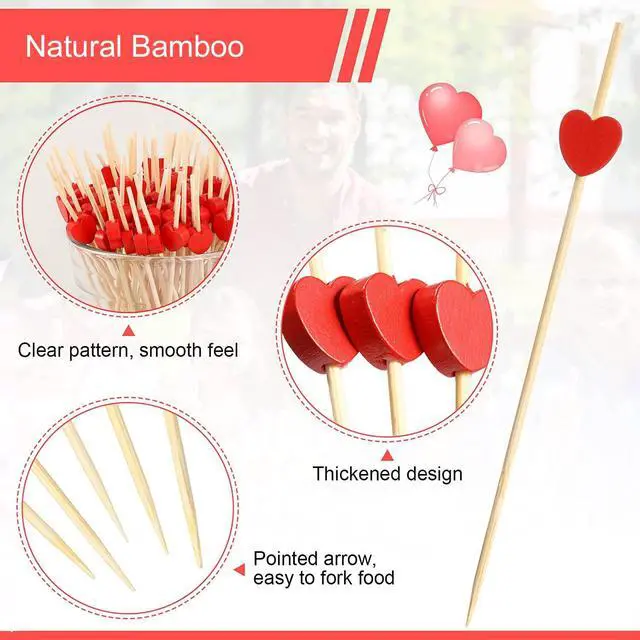 Alt view image 3 of 7 - 100pcs Red Heart Cocktail Picks 4.7" Long Fruit Sticks Food Toothpicks Sandwich Appetizer Charcuterie Skewers, Handmade of Bamboo Wood, for Birthday, Wedding, Valentines Day Decoration Party Supplies