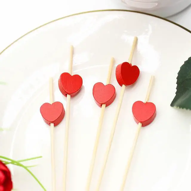 Alt view image 5 of 7 - 100pcs Red Heart Cocktail Picks 4.7" Long Fruit Sticks Food Toothpicks Sandwich Appetizer Charcuterie Skewers, Handmade of Bamboo Wood, for Birthday, Wedding, Valentines Day Decoration Party Supplies