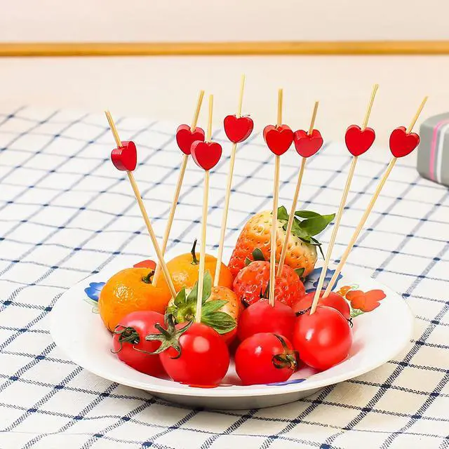 Alt view image 6 of 7 - 100pcs Red Heart Cocktail Picks 4.7" Long Fruit Sticks Food Toothpicks Sandwich Appetizer Charcuterie Skewers, Handmade of Bamboo Wood, for Birthday, Wedding, Valentines Day Decoration Party Supplies