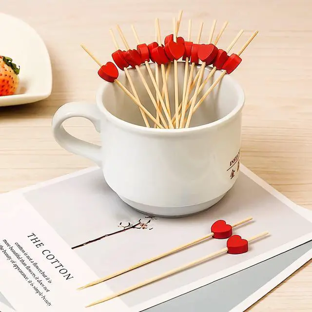 Alt view image 7 of 7 - 100pcs Red Heart Cocktail Picks 4.7" Long Fruit Sticks Food Toothpicks Sandwich Appetizer Charcuterie Skewers, Handmade of Bamboo Wood, for Birthday, Wedding, Valentines Day Decoration Party Supplies