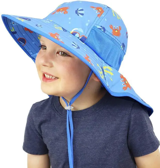Alt view image 2 of 7 - icolor Kids Sun Hat Toddler Summer Bucket Hat UPF50+ Sun Protection Beach Play Hats Wide Brim Neck Flap & Chin Strap for Ages 3~10 Boy