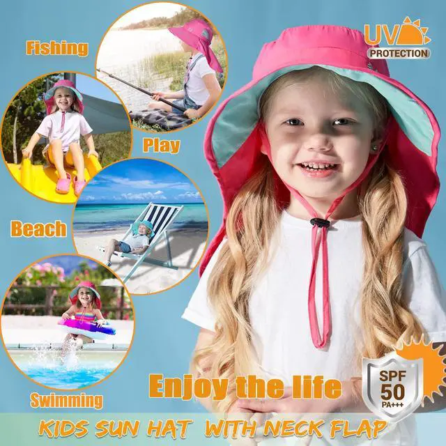 Alt view image 7 of 7 - Aenmt Kids Sun Hats UPF 50+ Sun Protection Hat for Kids with Neck Flap Adjustable Large Brim Beach Fishing Hat for Age 3-12 Red