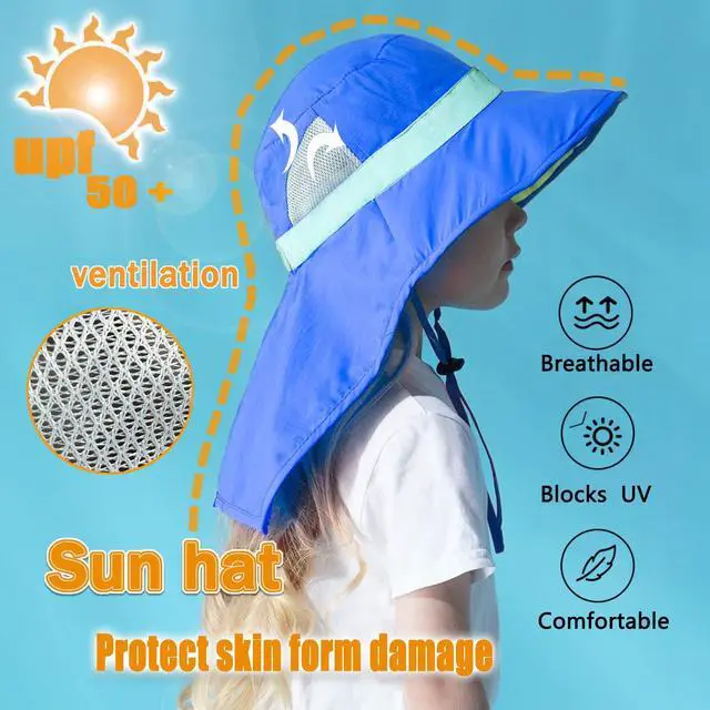 Alt view image 3 of 7 - Aenmt Kids Sun Hats UPF 50+ Sun Protection Hat for Kids with Neck Flap Adjustable Large Brim Beach Fishing Hat for Age 3-12 Blue