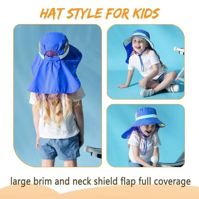 Alt view image 4 of 7 - Aenmt Kids Sun Hats UPF 50+ Sun Protection Hat for Kids with Neck Flap Adjustable Large Brim Beach Fishing Hat for Age 3-12 Blue