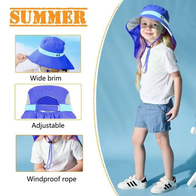 Alt view image 6 of 7 - Aenmt Kids Sun Hats UPF 50+ Sun Protection Hat for Kids with Neck Flap Adjustable Large Brim Beach Fishing Hat for Age 3-12 Blue