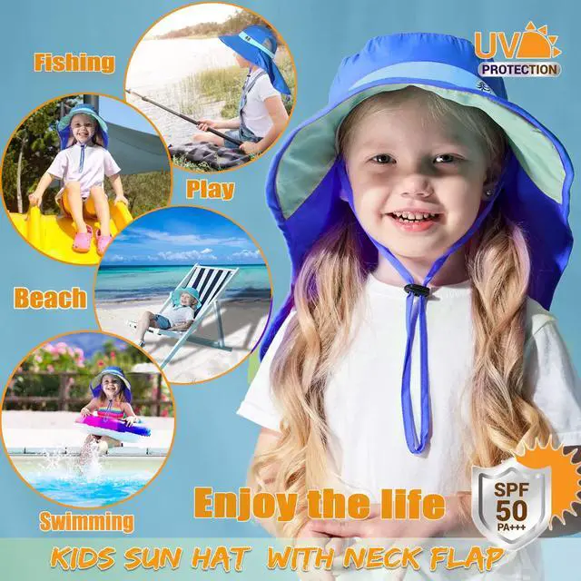 Alt view image 7 of 7 - Aenmt Kids Sun Hats UPF 50+ Sun Protection Hat for Kids with Neck Flap Adjustable Large Brim Beach Fishing Hat for Age 3-12 Blue