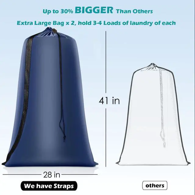 Alt view image 2 of 7 - Heavy Duty Laundry Bag 2 Pack XL Nylon Laundry Bags with Straps, Washable Large Dirty Clothes Organizer with Drawstring Closure, Travel Washing Bag Fit a Laundry Hamper or Basket