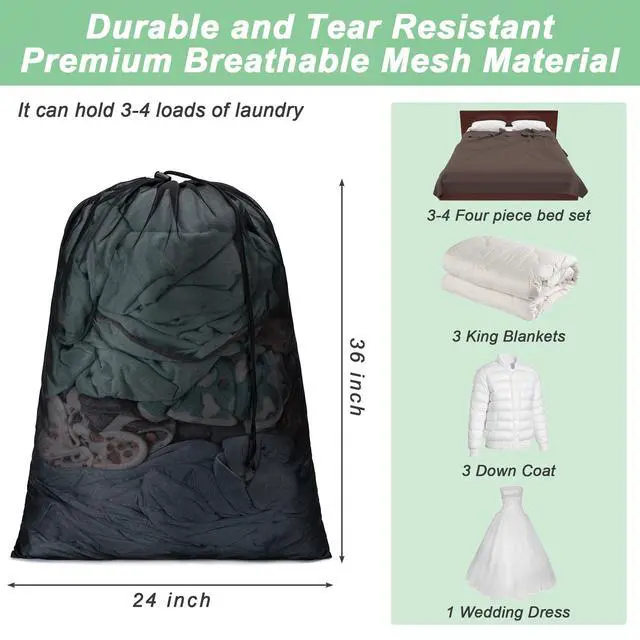 Alt view image 2 of 7 - Aegero 2 Pack Mesh XL Laundry Bags,Machine Washable Dirty Clothes Organizer with Drawstring and ID Tag, Large Laundry Hamper Liner Enough to Laundry Essentials for Travel, Sports(24"x 36",Black)