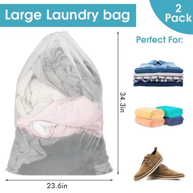 Alt view image 4 of 7 - 2 Pack Mesh Laundry Bags, 23 x 34 Inches Heavy Duty Mesh Laundry Bag, Large Laundry Drawstring Bag for College, Dorm, Travel, Family and Apartment Dwellers, White
