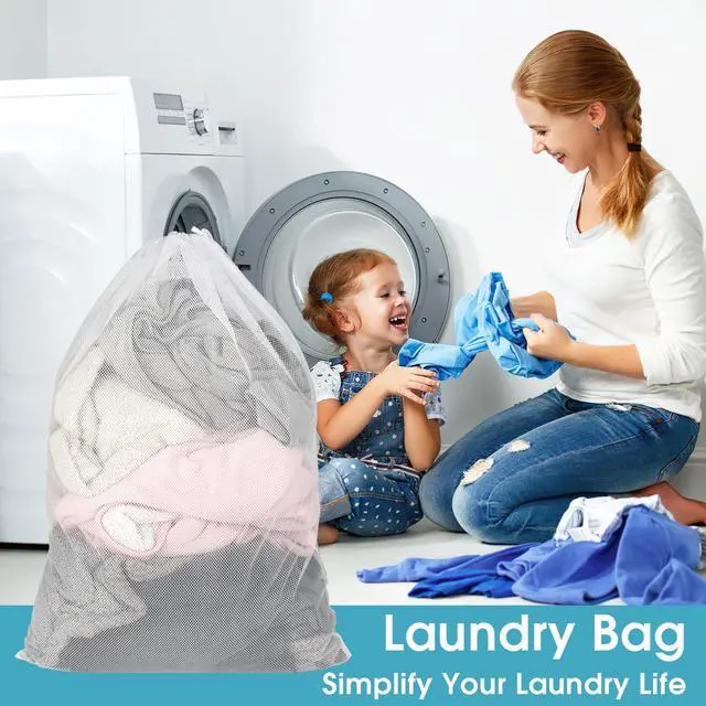 Alt view image 5 of 7 - 2 Pack Mesh Laundry Bags, 23 x 34 Inches Heavy Duty Mesh Laundry Bag, Large Laundry Drawstring Bag for College, Dorm, Travel, Family and Apartment Dwellers, White