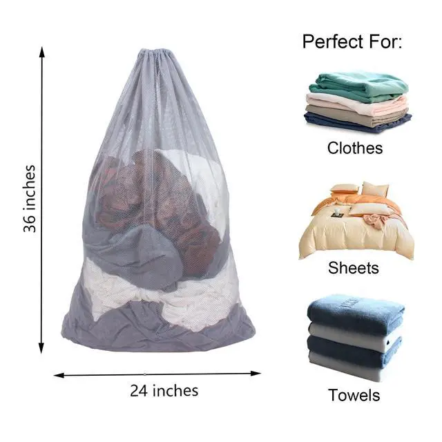 Alt view image 2 of 6 - DuomiW 2 Pack Mesh Laundry Bags, 24 x 36 Inches Heavy Duty Drawstring Bag, Factories, College, Dorm, Travel and Apartment Dwellers, Grey