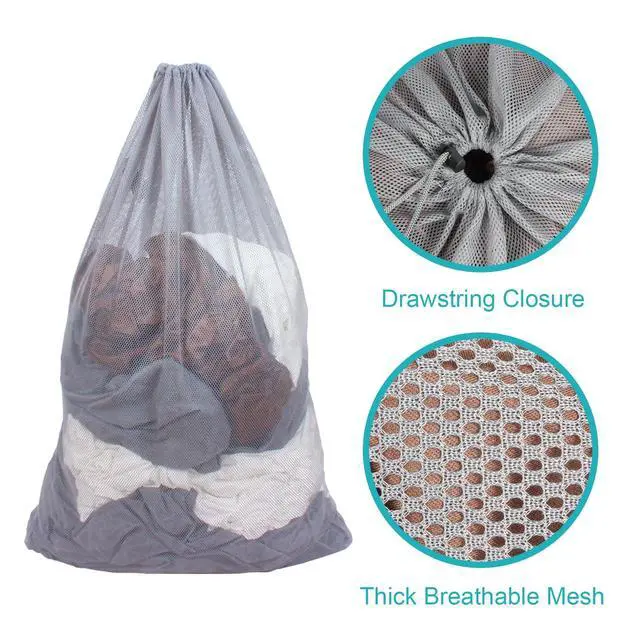 Alt view image 4 of 6 - DuomiW 2 Pack Mesh Laundry Bags, 24 x 36 Inches Heavy Duty Drawstring Bag, Factories, College, Dorm, Travel and Apartment Dwellers, Grey