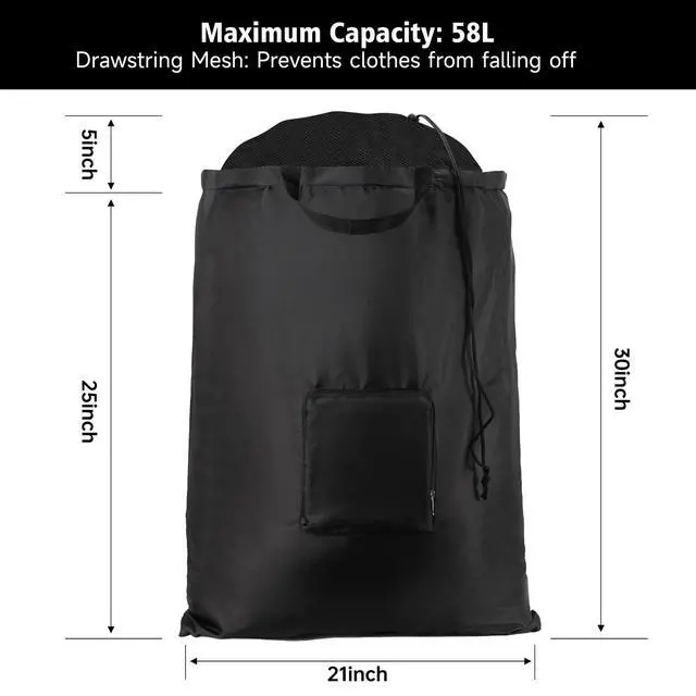 Alt view image 2 of 6 - 2 Packs Travel Laundry Bags, CLEADUS Foldable Dirty Clothes Bag Upgraded with Drawstring Mesh, Handles, and Carabiner, Portable, Suitable for Travel, Gym, Camping (Black)