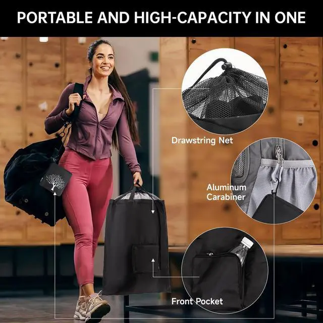 Alt view image 4 of 6 - 2 Packs Travel Laundry Bags, CLEADUS Foldable Dirty Clothes Bag Upgraded with Drawstring Mesh, Handles, and Carabiner, Portable, Suitable for Travel, Gym, Camping (Black)