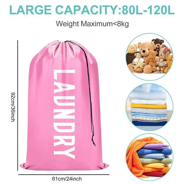 Alt view image 7 of 7 - Fiodrimy 2 Pack XL Travel Laundry Bag, Machine Washable Dirty Clothes Organizer, Large Enough to Hold 4 Loads of Laundry, Easy Fit a Laundry Basket (Pink+Blue, 24" x 36")