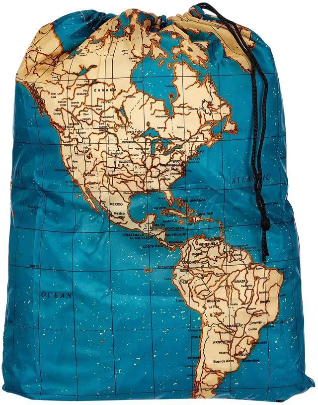 Main image of Kikkerland Travel-Size Laundry Bag, World Map Design Heavy Duty Laundry Bag, Polyester, Built-in Pouch, Inner Loop and Carabineer, Multicolor