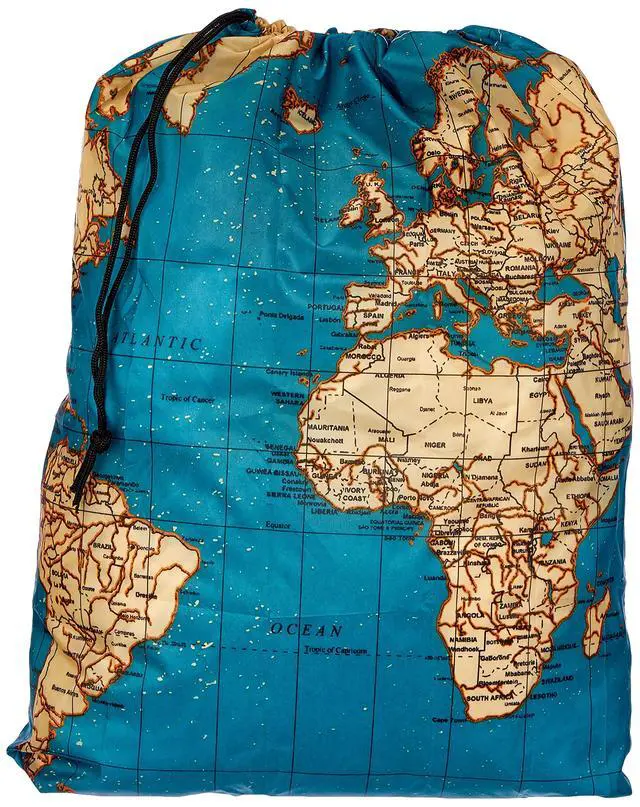 Alt view image 2 of 5 - Kikkerland Travel-Size Laundry Bag, World Map Design Heavy Duty Laundry Bag, Polyester, Built-in Pouch, Inner Loop and Carabineer, Multicolor
