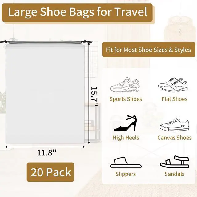Alt view image 2 of 7 - 20 Pack Shoe Bags for Travel, 15.7" x 11.8" Clear Travel Shoe Bags for Packing, Large Waterproof Portable Drawstring Travel Shoe Storage Bag Travel Essentials Women for and Men