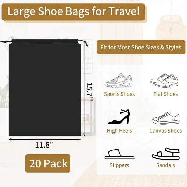 Alt view image 2 of 7 - COIDEA 20 Pack Black Shoe Bags for Travel, 15.7" x 11.8", Waterproof Portable Drawstring Travel Shoe Storage Bags