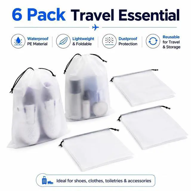 Alt view image 7 of 7 - BIDEX 6 Pack Transparent Shoe Bags for Travel, Large Clear Drawstring Shoe Organizer Bags for Men & Women, PE Waterproof Dustproof Portable Shoe Storage Pouch for Luggage, Backpack, Gym