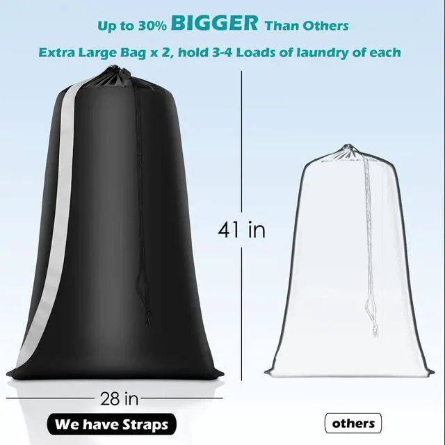 Alt view image 2 of 7 - Heavy Duty Laundry Bag 2 Pack XL Nylon Laundry Bags with Straps, Washable Large Dirty Clothes Organizer with Drawstring Closure, Travel Washing Bag Fit a Laundry Hamper or Basket