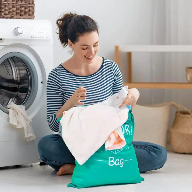 Alt view image 3 of 7 - 2 Pcs Large Travel Laundry Bags - Waterproof Wet/Dry, Washable, Drawstring, Bathing Suit, Workout, Gym Clothes, Swimming, Yoga - Green, Grey