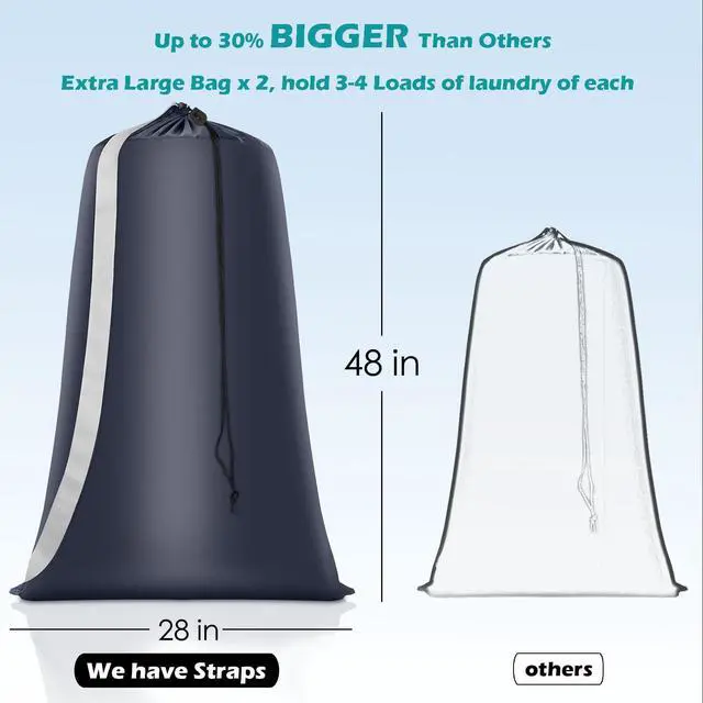 Alt view image 2 of 7 - Heavy Duty Laundry Bag 2 Pack XL Nylon Laundry Bags with Straps, Washable Large Dirty Clothes Organizer with Drawstring Closure, Travel Washing Bag Fit a Laundry Hamper or Basket
