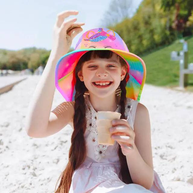 Alt view image 2 of 7 - Sun Hat for Kids UV Protection Unicorn Summer, Beach Play Ponytail Hat Wide Brim Neck Flap for Girls 2-9 Years