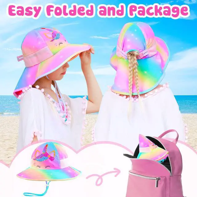 Alt view image 3 of 7 - Sun Hat for Kids UV Protection Unicorn Summer, Beach Play Ponytail Hat Wide Brim Neck Flap for Girls 2-9 Years