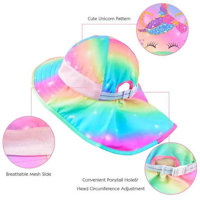Alt view image 4 of 7 - Sun Hat for Kids UV Protection Unicorn Summer, Beach Play Ponytail Hat Wide Brim Neck Flap for Girls 2-9 Years