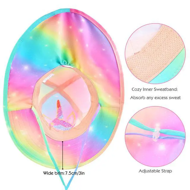 Alt view image 5 of 7 - Sun Hat for Kids UV Protection Unicorn Summer, Beach Play Ponytail Hat Wide Brim Neck Flap for Girls 2-9 Years