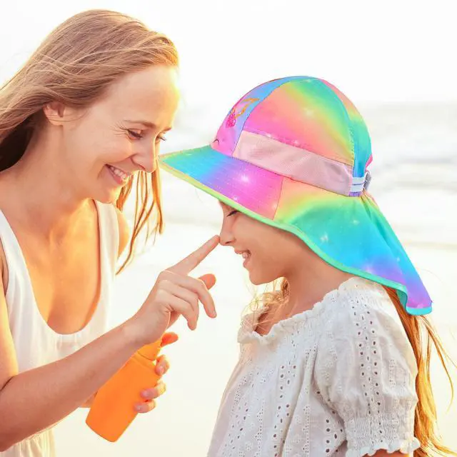 Alt view image 7 of 7 - Sun Hat for Kids UV Protection Unicorn Summer, Beach Play Ponytail Hat Wide Brim Neck Flap for Girls 2-9 Years