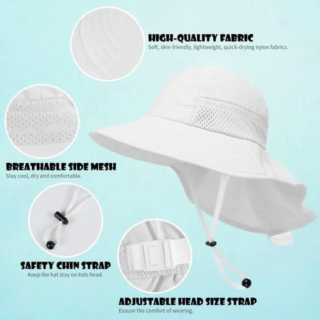 Alt view image 2 of 6 - 1-Pack Toddler Baby Sun Hat Kids Summer UPF 50+ for Boys Girls Adjustable Beach Hats with Bucket Wide Brim Age 1-7 Years(White,Small)