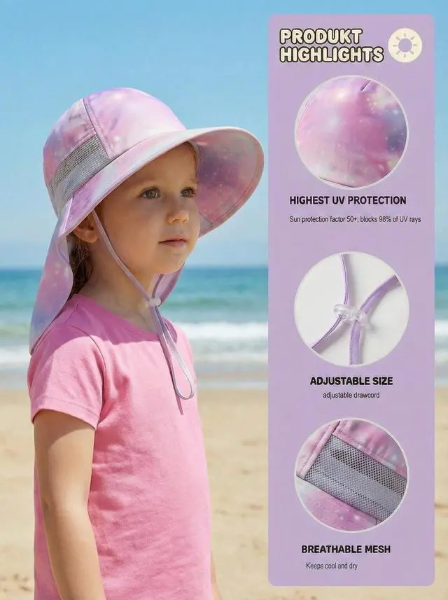 Alt view image 2 of 6 - icolor Kids Sun Hat UPF50+ Sun Protection Bucket Hat Toddler Summer Travel Beach Play Hats with Neck Flap for Girl Boy Ages 3~10 (PinkStarry)