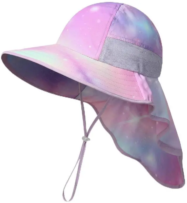 Main image of icolor Kids Sun Hat UPF50+ Sun Protection Bucket Hat Toddler Summer Travel Beach Play Hats with Neck Flap for Girl Boy Ages 3~10 (PinkStarry)