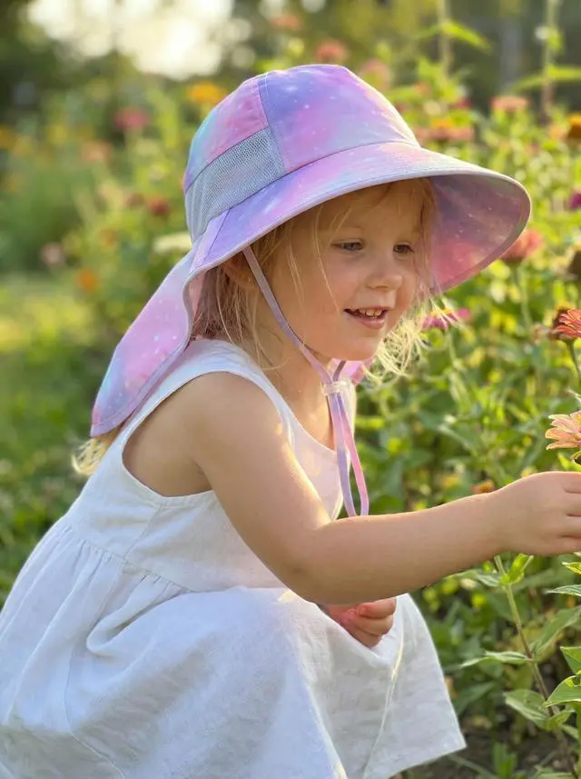 Alt view image 6 of 6 - icolor Kids Sun Hat UPF50+ Sun Protection Bucket Hat Toddler Summer Travel Beach Play Hats with Neck Flap for Girl Boy Ages 3~10 (PinkStarry)